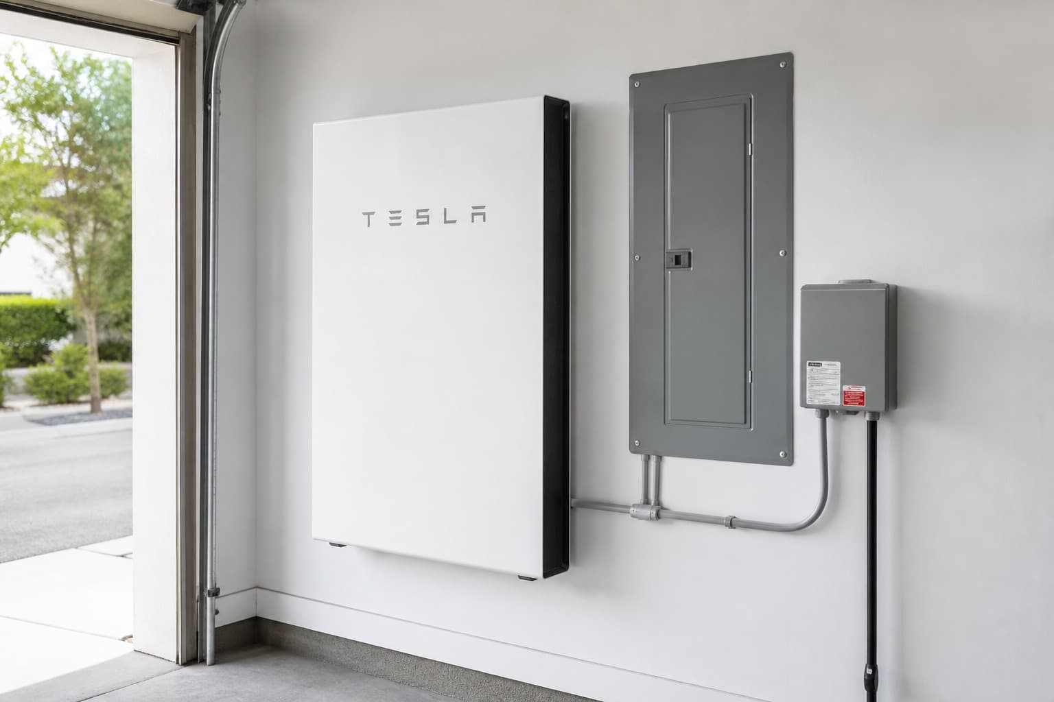 Hembatteri för solceller monterat på garagevägg