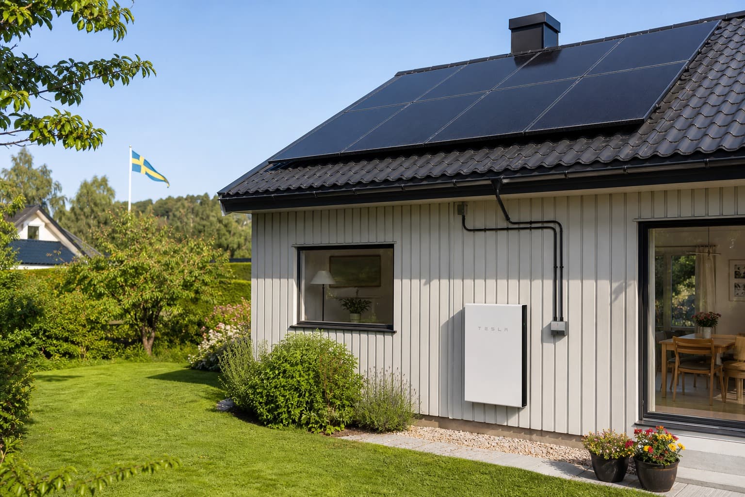 Solpaneler på villatak med batterilagring på ytterväggen