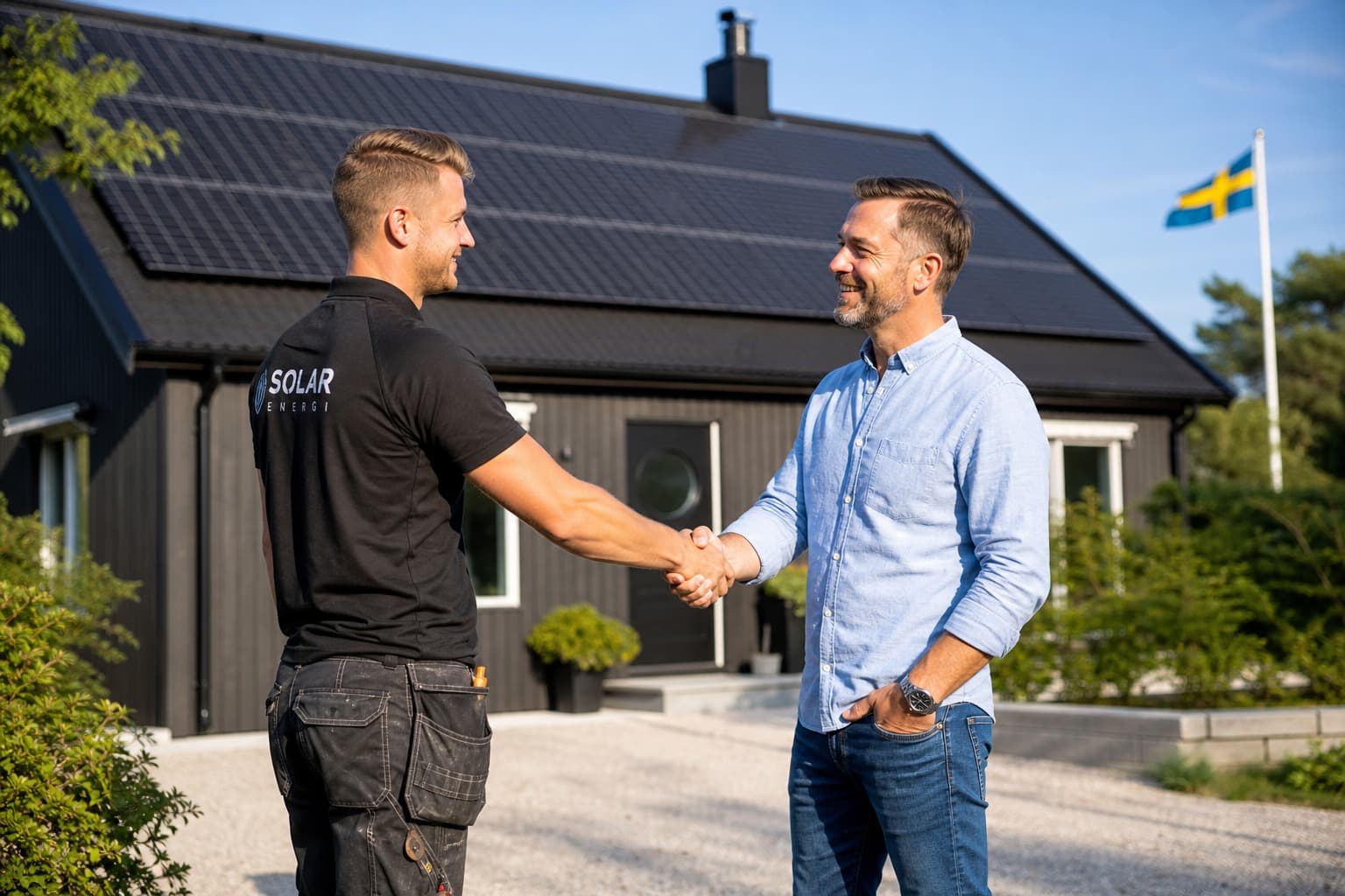 Installatör och villaägare skakar hand framför hus med solpaneler