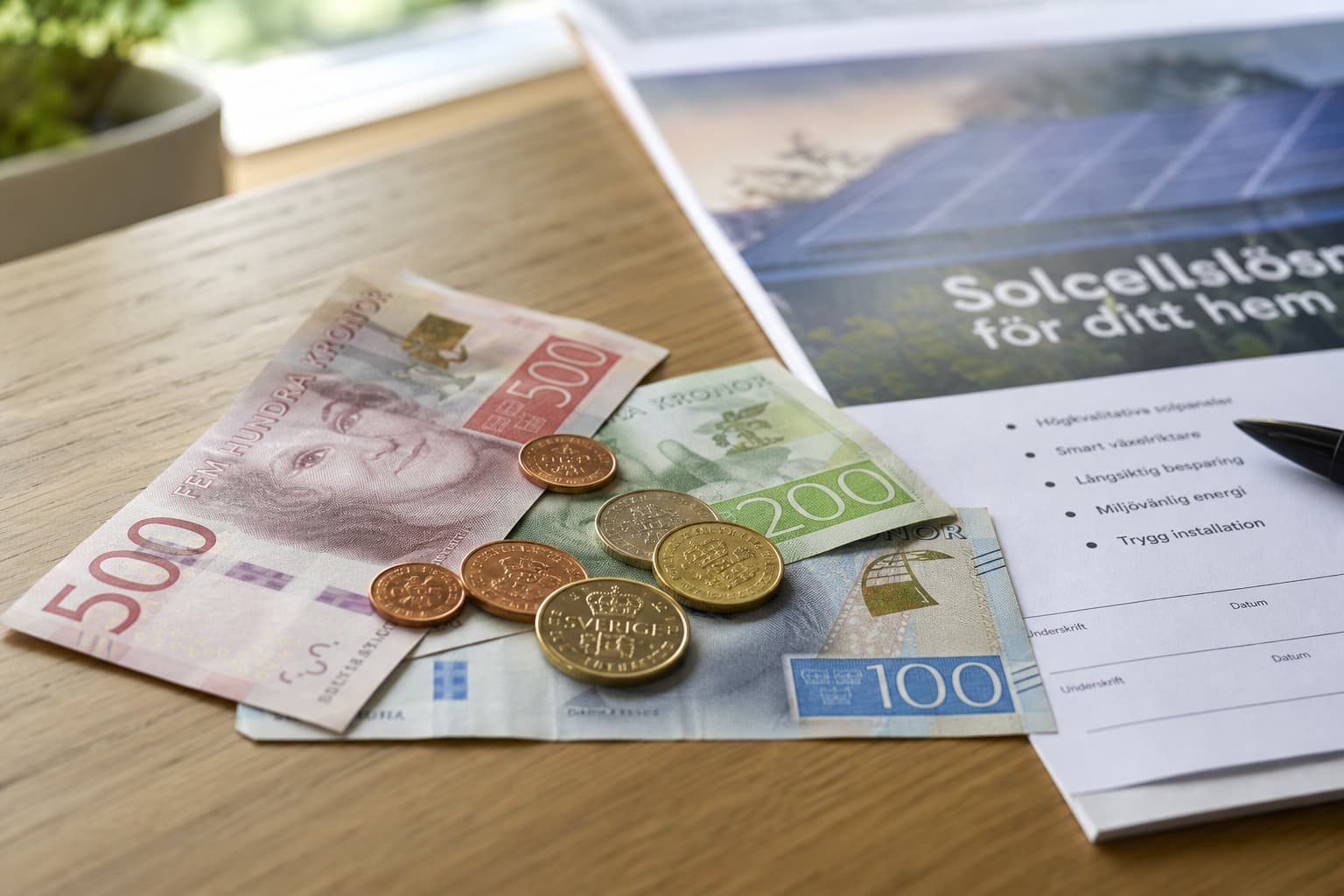 Svenska kronor och kontraktshandlingar för solcellsinstallation