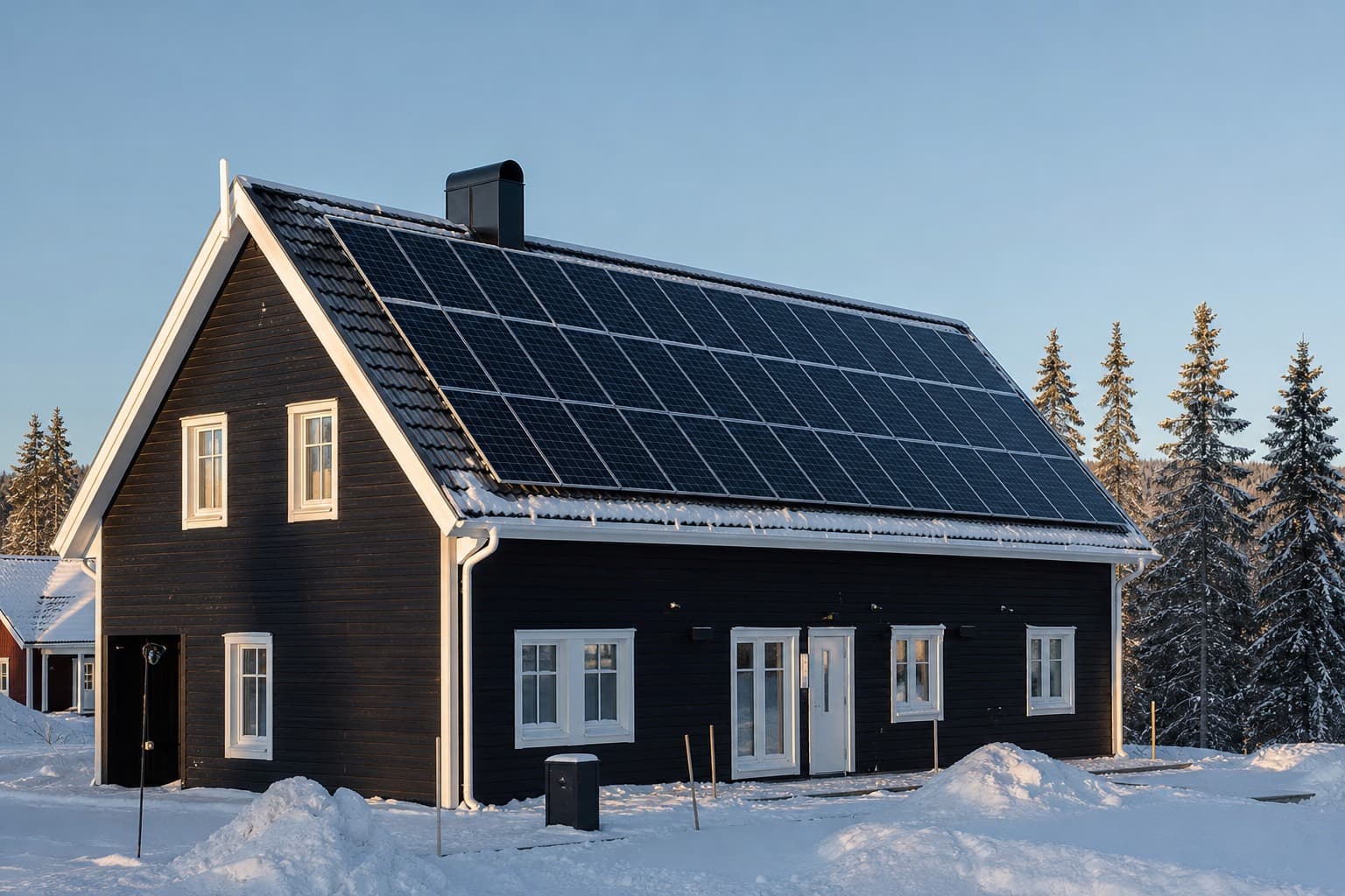 Solceller på villa i norrländsk vintermiljö – Östersund