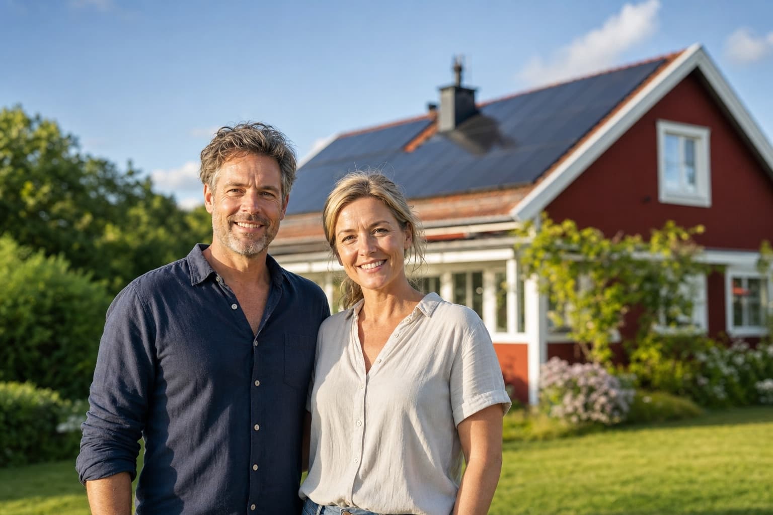 Nöjda villaägare framför sitt hus med solceller
